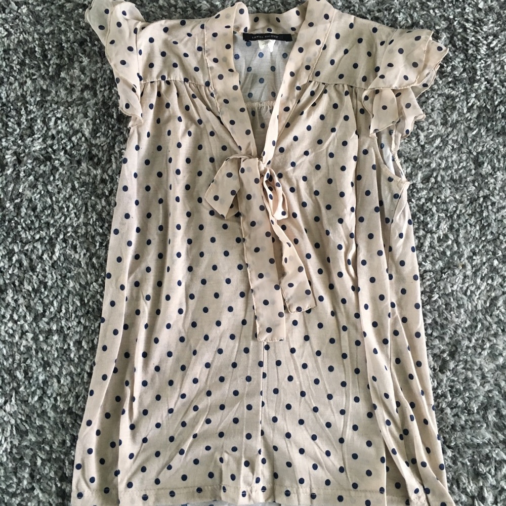Polka dot cream dressy top w/ tie front